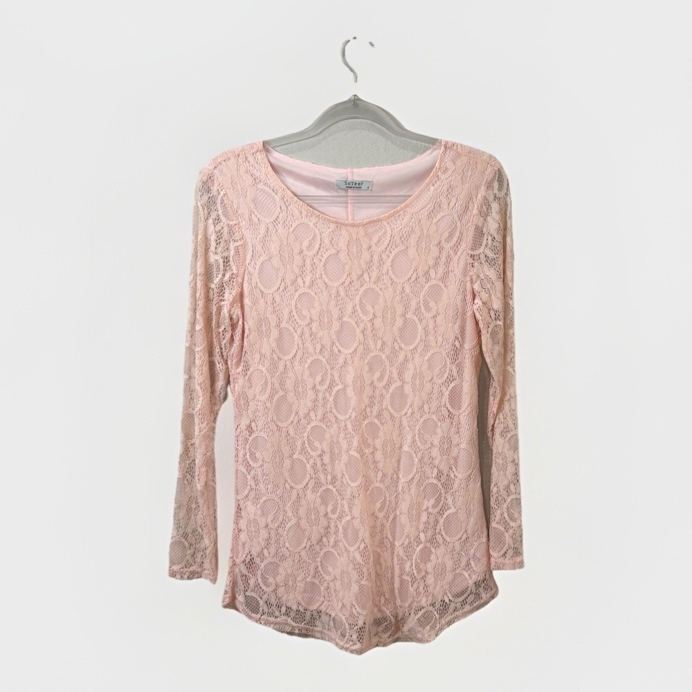 SoTeer Blouse Womens Small‎ Pink Lace Floral Sheer Long Sleeve Lined Tunic Top